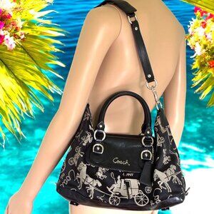 COACH Signature Black Leather Ashley Horse Carriage Convertible Shoulder Handbag